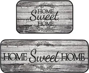 Non-slip kitchen mat set, black and white wood grain design with home sweet home text.