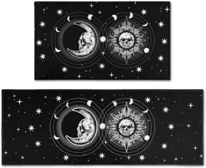Gothic celestial skull kitchen floor mat set, black and white moon and sun pattern, non-slip.
