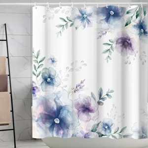 Rideau de douche en polyester impermeable avec motif floral aquarelle pour salle de bains.