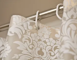 Close-up detail of European style waterproof PEVA shower curtain with elegant floral pattern.
