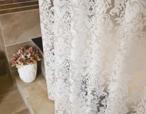 European waterproof shower curtain with elegant floral damask pattern, perfect for bathroom.