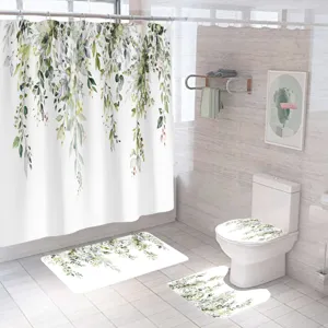 Waterproof Fabric Shower Curtain Set Spring Green Leaves Botanical Bathroom Decor Printed Shower Curtain