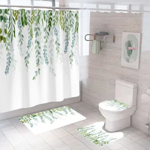 Waterproof green leaf shower curtain set with matching bathroom mats, fresh botanical design detail.