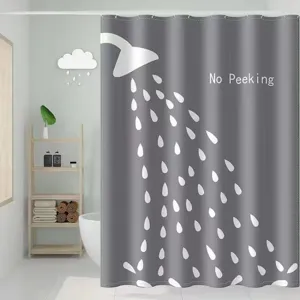 Grey waterproof shower curtain set with shower head pattern for bathroom decoration use.