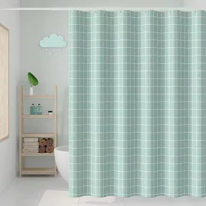 Green grid waterproof shower curtain for bathroom partition, mildew resistant fabric home decor.