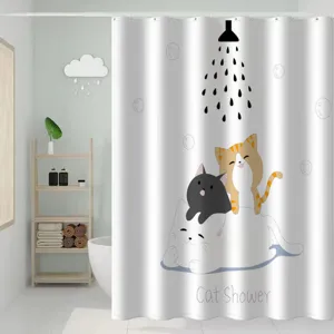 Waterproof bathroom shower curtain with cute cat print, durable fabric for home bath decor.