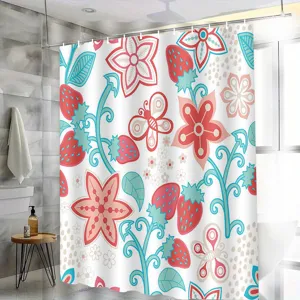 Waterproof fabric shower curtain featuring a cute strawberry and floral pattern for bathroom.