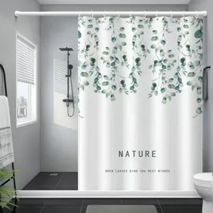 Waterproof white shower curtain featuring elegant green eucalyptus leaves botanical pattern