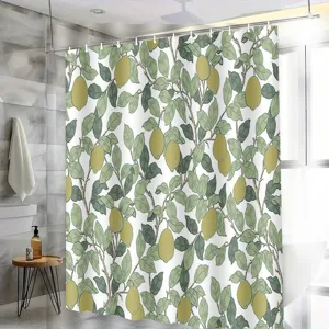 Botanical lemon print shower curtain detail, vintage style botanical design for bathroom decor.