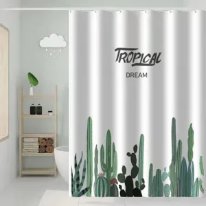 Waterproof fabric shower curtain with tropical cactus print for modern bathroom decor.