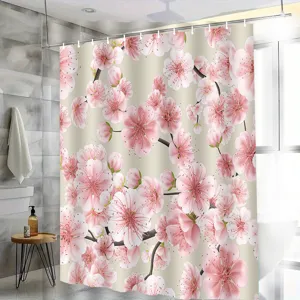 Waterproof fabric shower curtain with pink cherry blossom floral print for bathroom decor.