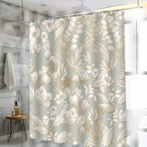 Waterproof mildew resistant botanical shower curtain with elegant floral line art for bathroom.