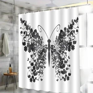Waterproof bathroom shower curtain with black floral butterfly pattern for home decor.