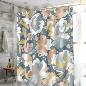 Waterproof fabric shower curtain with modern abstract floral pattern for bathroom decor.