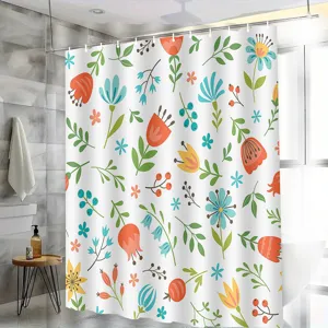 Waterproof fabric shower curtain with colorful floral botanical print for bathroom decor.