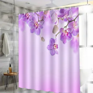 Détails du rideau de douche orchidée imperméable, gros plan sur le décor floral de salle de bains.