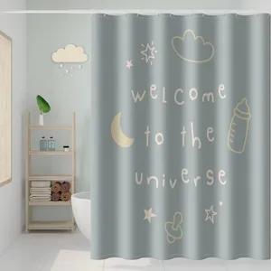 Waterproof fabric shower curtain with cute universe doodle print for modern bathroom decor main