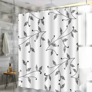 White waterproof shower curtain with modern black botanical leaf pattern for home bathroom decor.