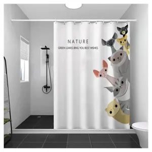 Waterproof mildew-resistant shower curtain with cute cat print for bathroom decor.