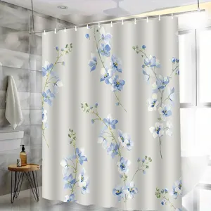 Waterproof shower curtain with blue floral print, mildew-resistant bathroom divider fabric.