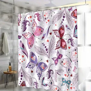 Waterproof fabric shower curtain with colorful butterfly and feather pattern for bathroom decor.