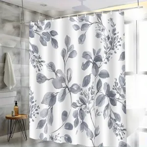 Rideau de douche étanche avec motif de feuilles botaniques grises pour salle de bain.
