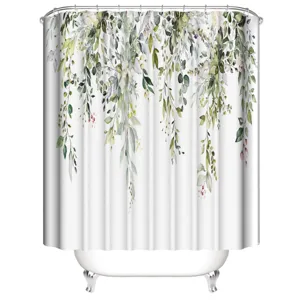 Spring green leaf shower curtain waterproof bathroom curtain with hooks botanical fresh style