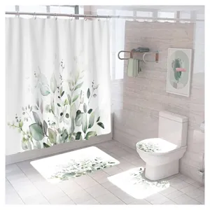 Spring green leaf shower curtain set with matching bathroom mats, waterproof & absorbent.