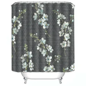 Waterproof shower curtain with grey geometric pattern and white floral design for bathroom.