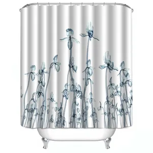 Waterproof shower curtain with blue botanical X-ray print, durable fabric bathroom decor.