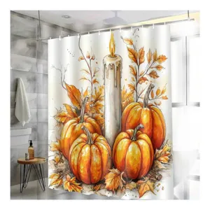 Waterproof autumn pumpkin candle shower curtain for bathroom decor, fabric hanging curtain main view