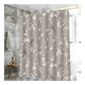 Waterproof shower curtain with floral bird print fabric bathroom decor 180x180cm