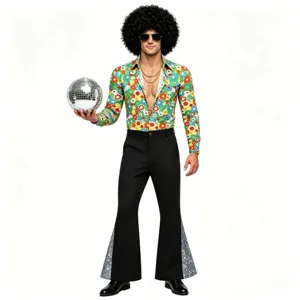 Retro 70er Jahre Disco Herren Kostüm Set mit buntem Blumenmuster Hemd und Schlaghose.