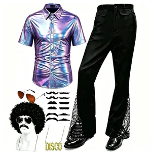Ensemble de costume disco avec chemise violette métallisée et pantalon patte d'éléphant