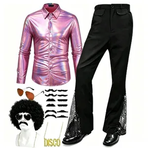 Costume Disco Années 70 Homme Chemise Métallique Pantalon Patte d'Éph Fête Tenue Set