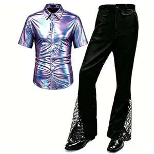 Ensemble de costume de scène rétro disco pour homme chemise métallique et pantalon évasé