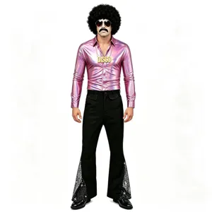 Costume disco rétro années 70 pour homme avec chemise rose métallique et pantalon