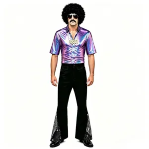 Ensemble de costume disco rétro années 70 pour homme chemise métallisée et pantalon patte.