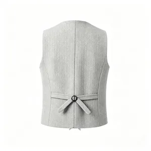 Grey herringbone suit waistcoat back view, casual business wedding vest for men details