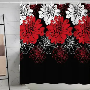 Rideau de douche étanche en polyester avec motif de fleurs rouges et blanches pour salle de bain.
