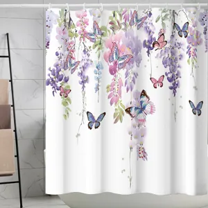 Rideau de douche imperméable en tissu avec un élégant design de glycines et de papillons.