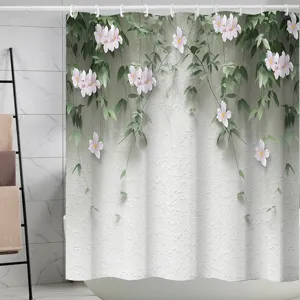 Rideau de douche en tissu imperméable avec imprimé de vigne florale suspendue pour salle de bain.