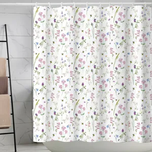 Rideau de douche en tissu imperméable avec motif de fleurs sauvages pour la salle de bain.