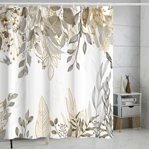 Rideau de douche étanche imprimé numérique avec motif de feuilles et d'oiseaux botaniques.