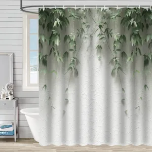 Détail de conception du rideau de douche imperméable moderne avec feuilles vertes.