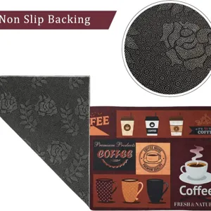 Kitchen floor mat with vintage coffee cup pattern, absorbent and non-slip rubber backing.