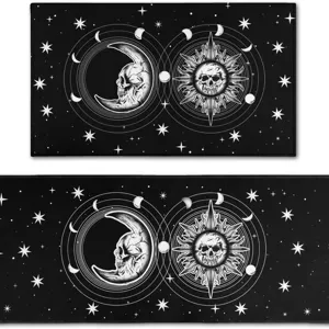 Gothic celestial sun and moon skull pattern non-slip floor mat for kitchen, bathroom or desk.
