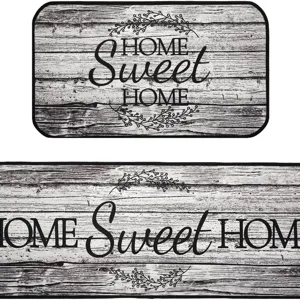 Kitchen Floor Mat Set Non-Slip Absorbent Flannel Rug Home Sweet Home Wood Grain Design