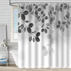 Rideau de douche imperméable en polyester avec joli motif de feuilles noires pour le bain.