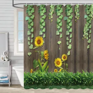 Vue détaillée du rideau de douche étanche en tissu avec motif bois rustique et tournesol.